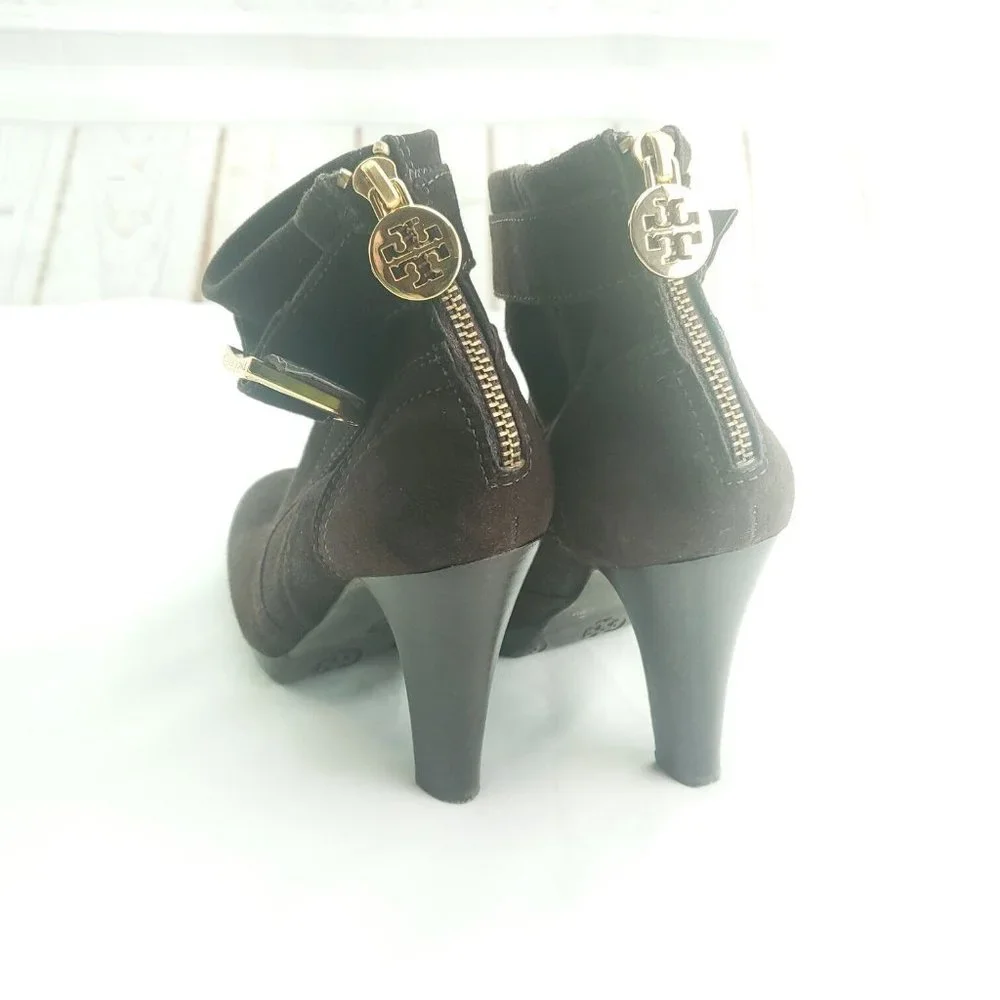 Tory Burch Womens Brown Suede Gold Hardware Buckle Ankle Strap Booties Size 6M